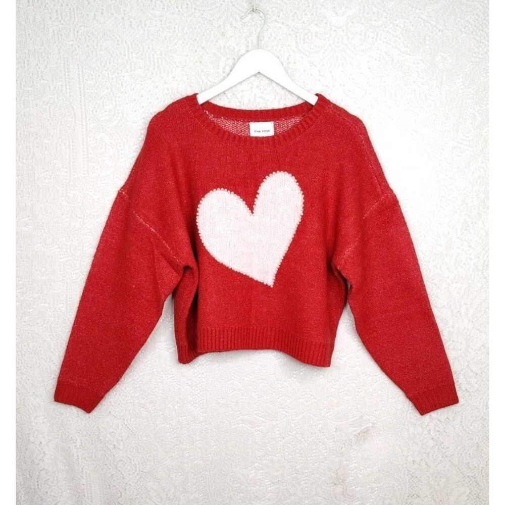 Pink Rose Red Sweater With Cream Pearls Heart Love Knit Size Large